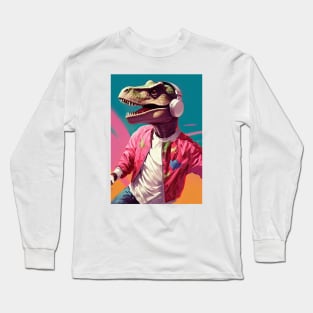 Cool Funny Dinosaur T-Rex Listen to Music Painting Long Sleeve T-Shirt